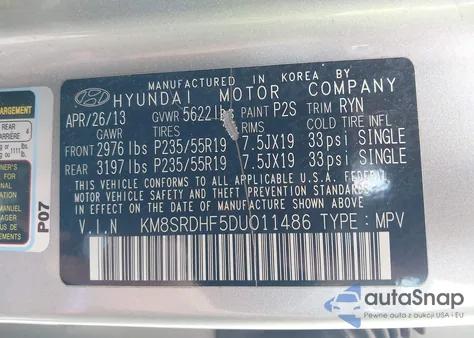 2013 Hyundai Santa Fe Limited z USA, uszkodzony, nr VIN KM8SRDHF5DU011486